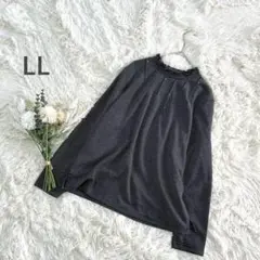 ボーダーカットソー　トップス　ビジュー　フリル　上品　ゆったり　黒 LL