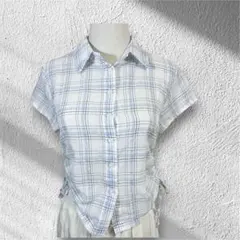 韓国製 レトロチェック 半袖 シャツ サイドリボン コンパクト丈 薄手 韓国っぽ