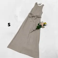 ガウンワンピース♪ノースリーブ ベージュ S ナチュラル リネン混 ネックリボン