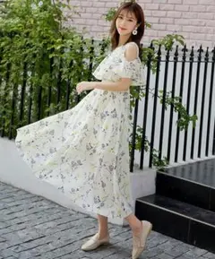 レース ワンピース 花柄 フリル エレガント 可愛い ロング 胸元フリル