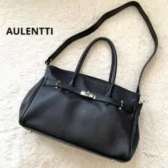 美品】AULENTTI レザーハンドバッグ A4 ゴールド金具 南京錠付 黒 