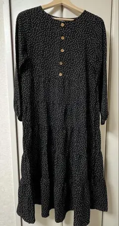 haluhiroine 黒ドット柄長袖ワンピース