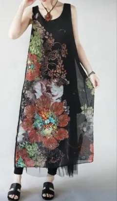 シアーフラワー ノースリーブ ロングワンピース 黒のサムネイル