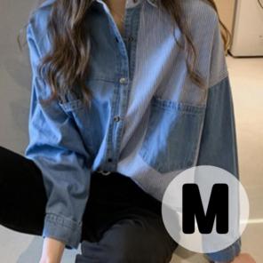 デニム　ストライプ　シャツ　M　ゆったり　上品　大人可愛い　体型カバー