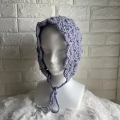 ボンネット　くすみパープル　かぎ編み　フード帽　ハンドメイド
