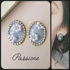 【一点物】パールフラワーグレー ストーンオーバル ピアス/イヤリング