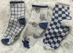 【新品未使用】クマ柄 チェック柄 青色ソックス3ペアセット 23~25cm 韓国