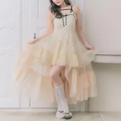 michell Macaron バイカラーリボンシャーリングロングワンピース