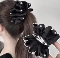 パール付きリボンヘアクリップ(黒サテン)