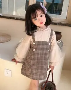 韓国子ども服　110㎝　グレンチェック　長袖ワンピース　チュール袖