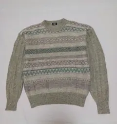 メンズ ウール 100% ライトグレー 柄編み ニット セーター