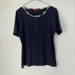 Yorkland 半袖カットソー ネイビー 襟チェック　トップス　Lのサムネイル