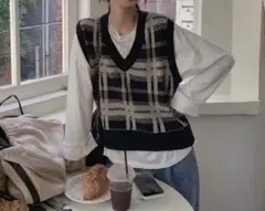 チェックニットベスト Vネックニットベスト F
