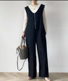 ブラック Vネック ジッパー オールインワン