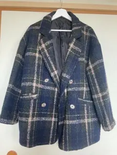 ネイビー・チェック ダブルブレストコート