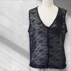 レトロ 前開きベスト Vネック 黒 レース編み 花モチーフ レイヤード