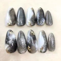 【即購入OK！】ネイルチップ 韓国 マーブル 上品 ブラック 金箔