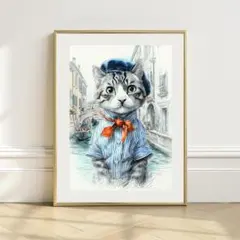 【風水ペットアート】青い水辺の猫 ベネチアポスター 作品番号:se15