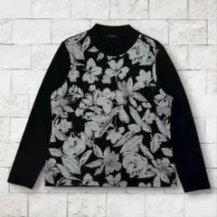 90s Vintage 長袖カットソー ショート丈 花柄切替 モノトーン 韓国製