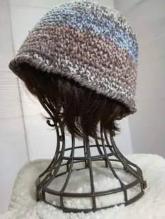 ニットキャップ ブラウン・ブルー ストライプ
