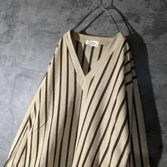 【シンプル ストライプ】Vネック 薄手 セーター 長袖 トップス ベージュ 古着