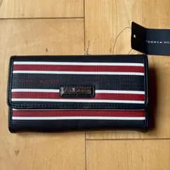 新品未使用☆TOMMY HILFIGER☆ 三つ折り財布 黒赤白3色ストライプ柄