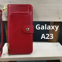 GalaxyA23手帳型高級レザージッパー赤スマホケースレッド