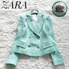 【良品】ZARA　ツイード　テーラードジャケット　ダブルブレスト　グリーン　S程