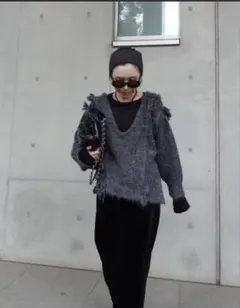 タグ付き未使用フリンジ付きグレー　ニット