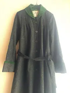 ◾️レトロ古着◾️コート ワンピース　当時物！希少　日本製　緑　黒　ベロア