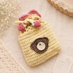 くま×いちごのキッズ巾着ポーチ｜女の子用ハンドメイド（イエロー） 編み物