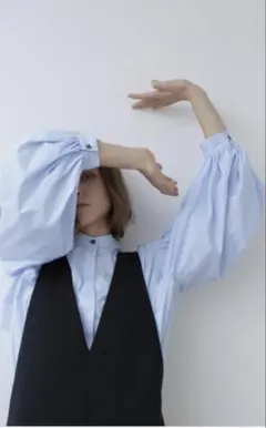 【美品】タイプライターギャザーブラウス ライトブルー