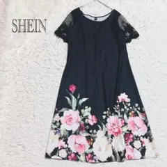 シーイン　花柄ワンピース　ブラック　体型カバー　Lサイズ　袖刺繍　ゆったり