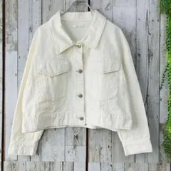 レトロガール☆デニムジャケット M オフホワイト クロップド丈 ワイド コットン