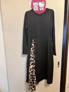 SHEIN 黒ヒョウ柄切り替え長袖ワンピース M