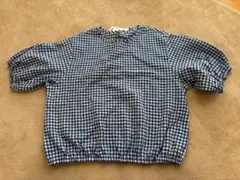 ユニクロ　UNIQLO　シアサッカーブラウス　パフスリーブ　青ギンガムチェック