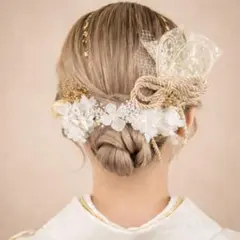 成人式　髪飾り　卒業式　振袖　着物ヘアパーツ白ゴールド金箔リボン水引ヘッドドレス