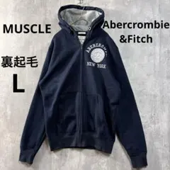 美品　MUSCLE アバクロ 裏起毛 パーカー 紺　 Lサイズ　刺繍　春秋冬のサムネイル
