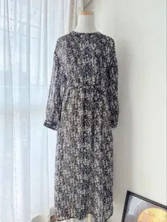 ROSE BUD 花柄 ロングワンピース 黒 シアー 前開き 2WAY リボン