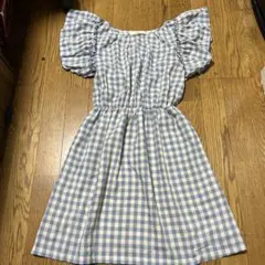 flower.ワンピース.水色.チェック柄