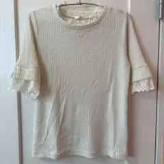 レース切り替え リブ 半袖Tシャツ アイボリー