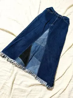 【Lee 】デニム パッチワーク ロングスカート フリンジ 古着 レトロ S相当