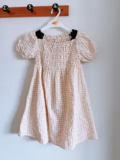 オレンジと白のチェック柄ワンピース 120