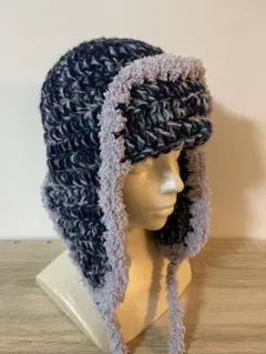 耳あて付きニット帽 ネイビーとグレー