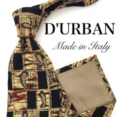 【美品】D'URBAN ネクタイ 幾何学模様 ブラック イエロー シルク100%