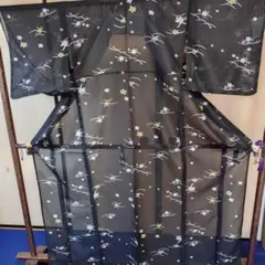 夏着物 絽 小紋 正絹 極美品 夏物 涼しげ 盛夏 黒 薄物 菊唐草 シック