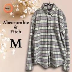 アバクロンビー&フィッチ　メンズ　チェック柄シャツ　白✕ブルー✕赤系　Mサイズ