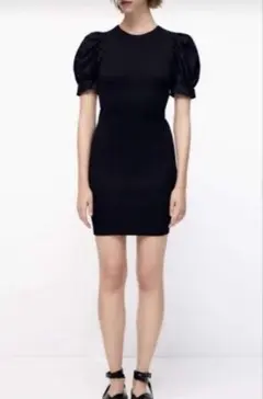 ZARA 黒 パフスリーブリブニットワンピースのサムネイル