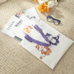 トートバッグ　キャンバス　ショッピングバッグ　猫柄　白ホワイト　紫パープルお散歩