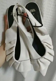 ZARA フリル スリングバック サンダル ホワイト 37 リボンのサムネイル